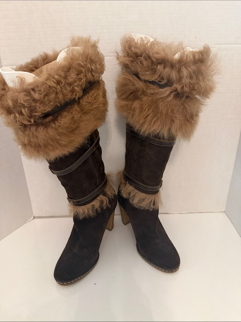 Coach Jessica Brown Suede Fur-Trim Knee Boots with Brass Hardware - Picture 2 of 5